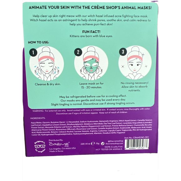 NEW The Creme Shop Set of 3 Be Clear, Skin! Kitten Face Mask Sheet - Picture 4 of 4